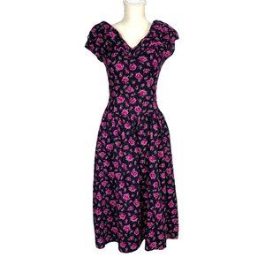Vintage 90s Black Pink Floral Print Short Sleeve Fit Flare Midi Dress Medium